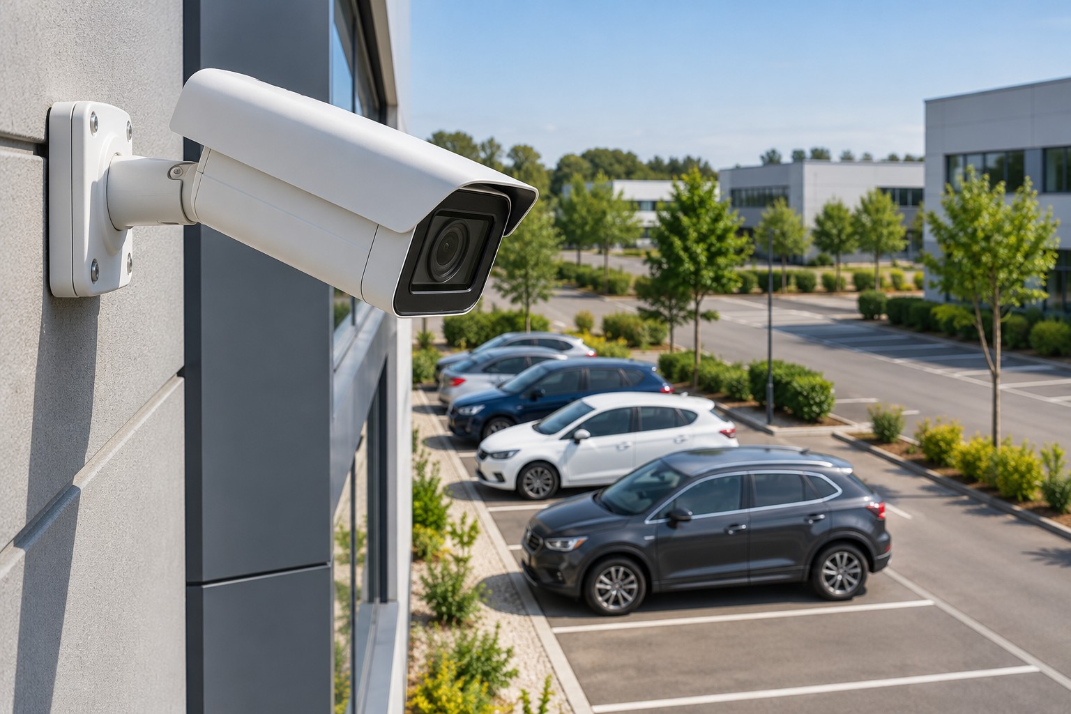 Caméra de vidéosurveillance orientée vers un parking — visuel illustratif