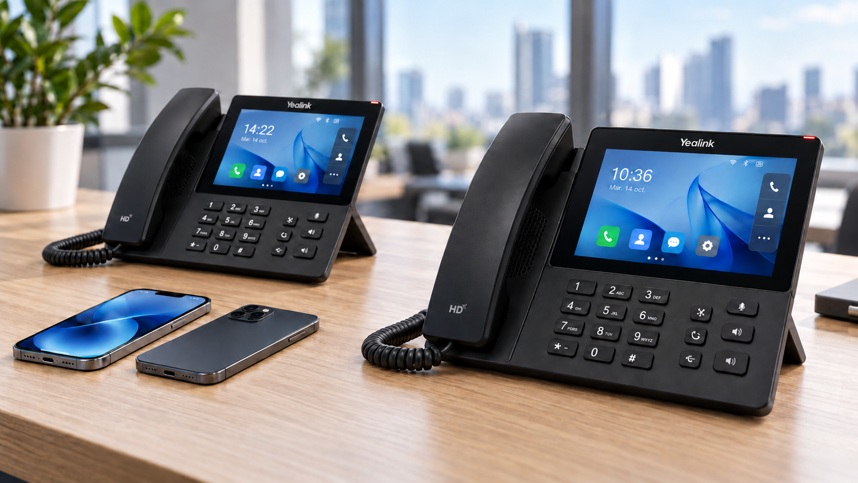 Deux téléphones de bureau Yealink et deux smartphones sur un bureau — visuel illustratif